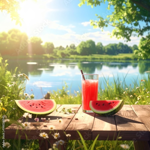 A refreshing watermelon drink and slices rest on a wooden table overlooking a serene lake on a sunny day.