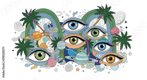 Multicolored Eyes with Makeup Details.