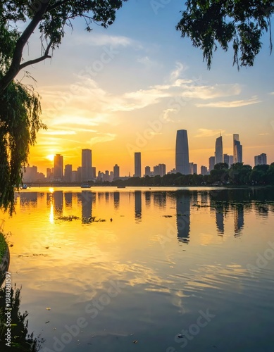 A vibrant cityscape reflects beautifully on the calm waters during a golden sunset.
