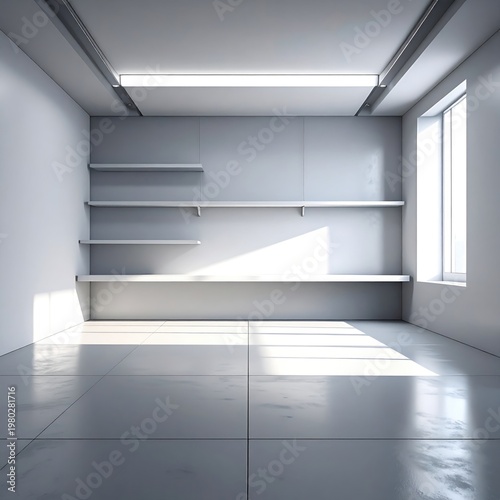 A minimalist, modern interior showcases a bright, empty room with sleek shelves and a window, bathed in soft, natural light, creating a sense of calm and spaciousness.