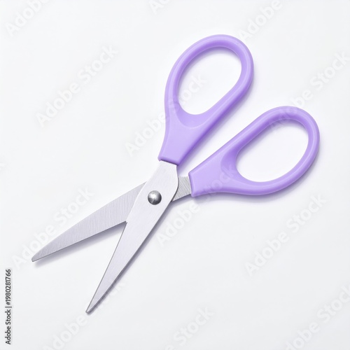 A pair of lavender-handled scissors rests on a clean white surface.
