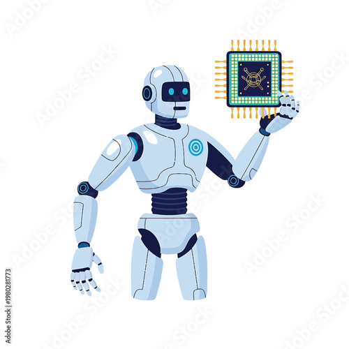 Robot holding a computer chip.