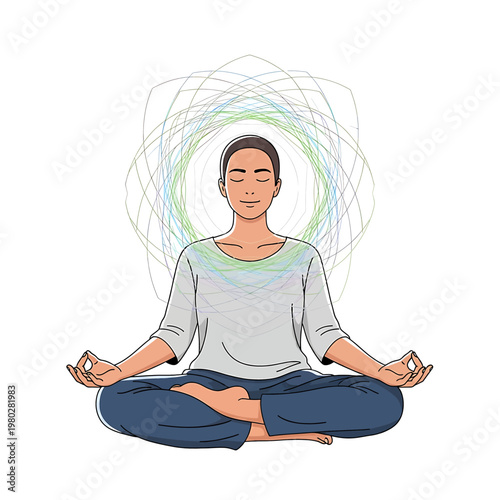 Woman meditating in lotus position calmly.