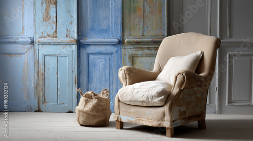 A chair is sitting in front of a blue wall with a white door