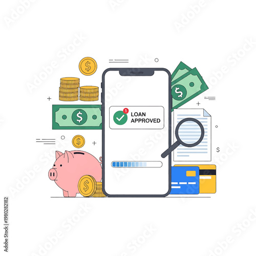 Smartphone displays loan approval message.