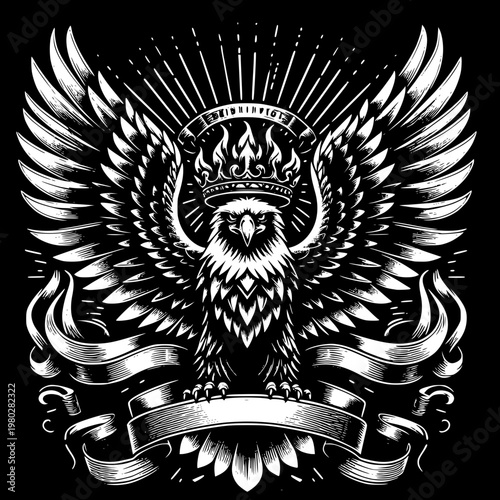Majestic Eagle: A striking illustration of a powerful eagle, adorned with a regal crown and expansive wings, symbolizing strength, freedom, and authority against a stark black background.