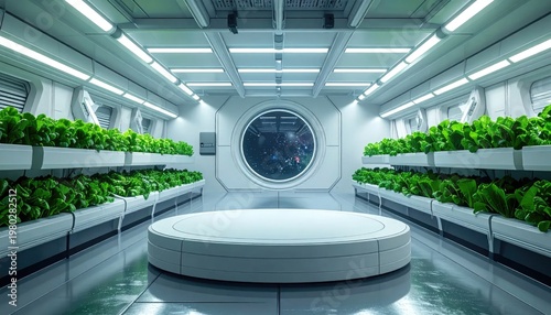 A futuristic spaceship interior showcases a hydroponic garden with lush greenery and a view of outer space.
