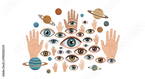 Eyes and hands in space collage.