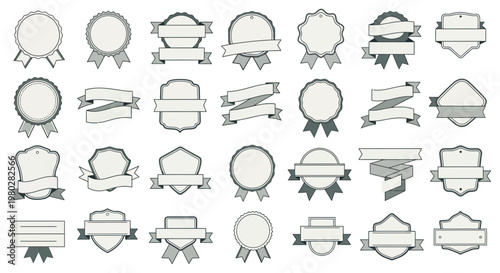 Collection of Vintage Blank Badges and Ribbons, Retro Award Seals, Graphic Elements