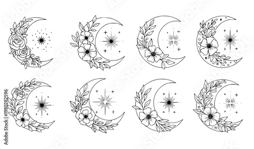 Celestial Floral Moon SVG Set Minimalist Luna Wildflower Cut Files