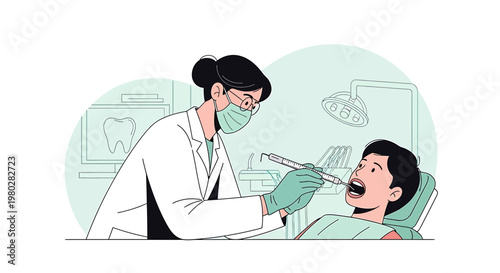 Dentist examining patient's teeth with tools in a modern dental clinic, illustration