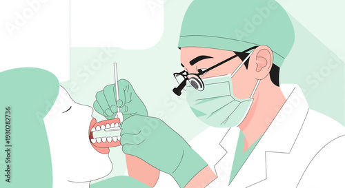 Dentist examining patient's teeth with tools, wearing mask and loupes, modern dental care concept