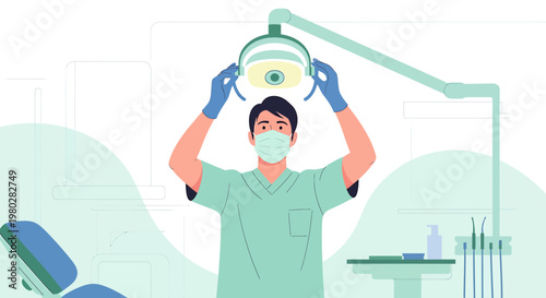 Dentist in uniform adjusting examination lamp in modern dental clinic