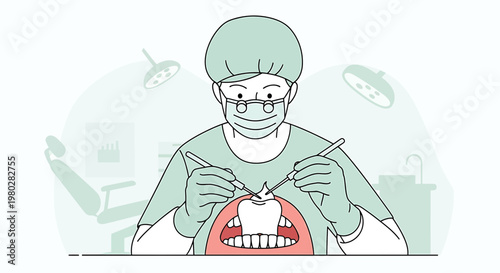 Dentist performing dental surgery on patient in modern clinic with surgical lights