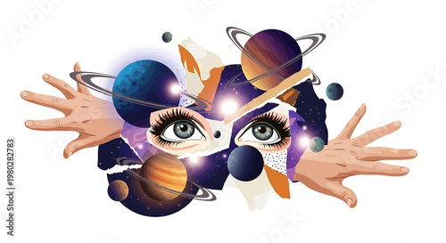 Woman face with planets makeup eyes.