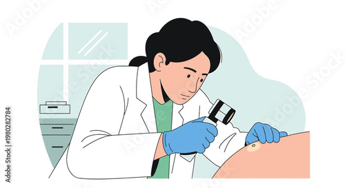 Dermatologist examining mole with magnifying glass, skin checkup, medical examination