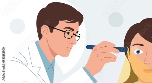 Doctor examining patient's ear with otoscope, medical checkup, healthcare concept