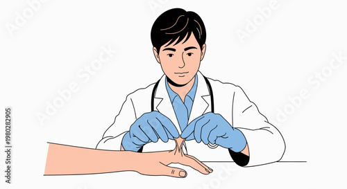 Doctor examining patient's finger joint with gloves, medical checkup concept