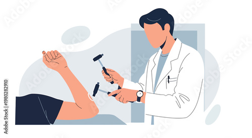 Doctor examining patient's elbow reflex with reflex hammers, medical check-up