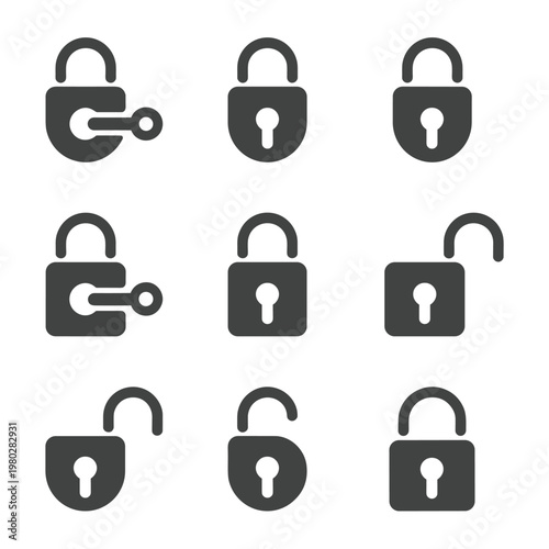 Nine different lock icons depicting secure and unlocked states with keyhole designs