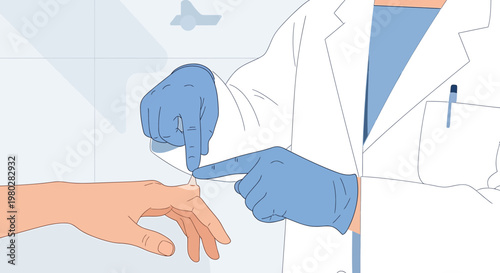 Doctor examining patient's hand with magnifying glass, close-up medical examination