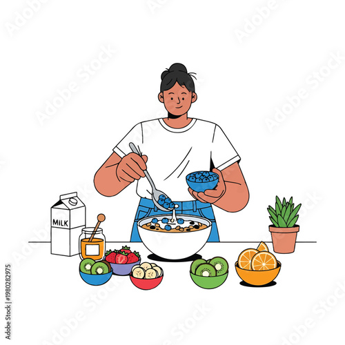 Woman preparing healthy breakfast meal.