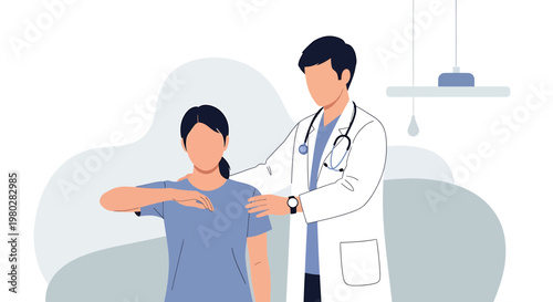 Doctor examining patient's shoulder during physical therapy session