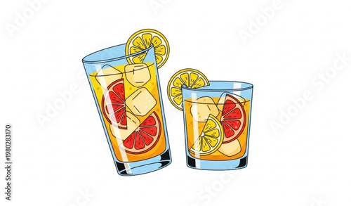 Set of yellow citrus cocktails with lemon and grapefruit in different glasses flat vector illustration isolated on white