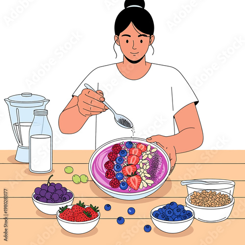 Woman eating fruit salad with spoon.