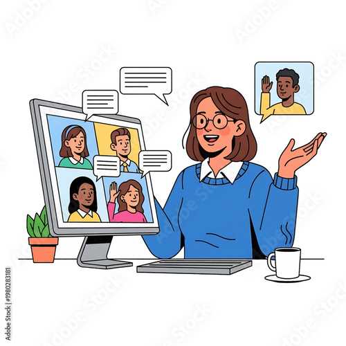 Woman in blue sweater video conferencing.