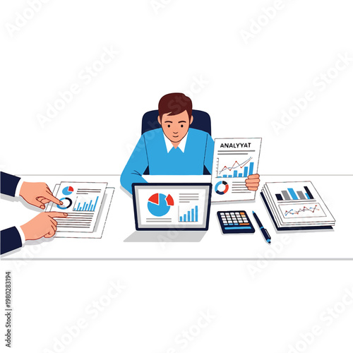 Businessman analyzing data at office desk.