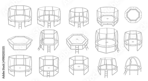 An assortment of technical line drawings depicting various round and polygonal trampoline designs