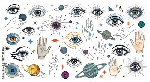 Eyes and hands with celestial elements.