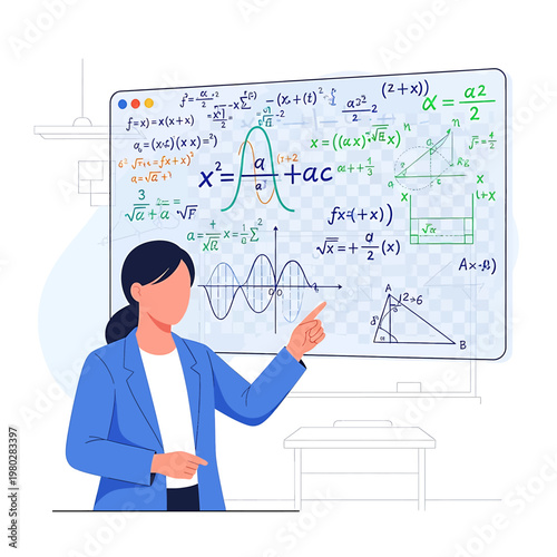 Woman teacher explaining math equations.