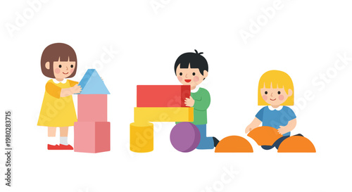 Three happy young children are shown playing together with various colorful geometric building blocks in a clean, flat vector illustration style.