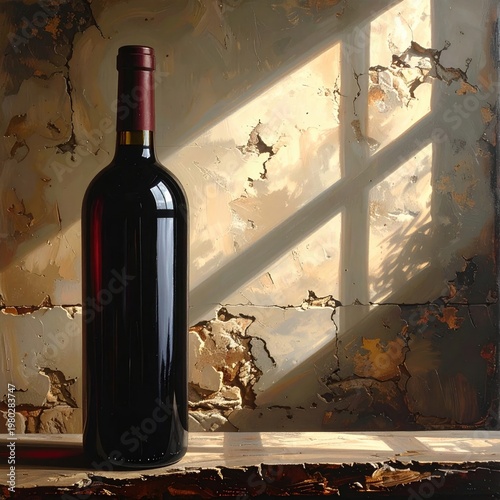 A still life painting depicts a bottle of red wine illuminated by sunlight streaming through a textured window, creating a dramatic interplay of light and shadow.