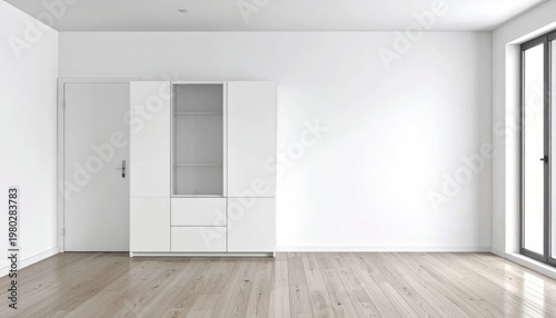 A minimalist interior showcases a bright, empty room with a white cabinet, a door, and large windows, emphasizing clean lines and a modern aesthetic.