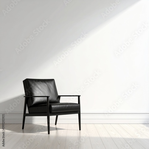 A modern black leather armchair sits elegantly against a bright white wall with subtle sunlight casting shadows across the wooden floor, creating a minimalist and inviting interior scene.