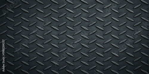 Seamless industrial black metal texture background featuring a perforated steel plate pattern and