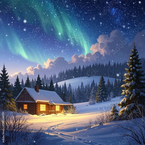 A cozy log cabin nestled in a snow-covered forest glows warmly under the mesmerizing dance of the aurora borealis in a breathtaking winter landscape.