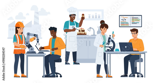 Diverse Professions Collage: Science, Engineering, Baking, Coding, Manufacturing