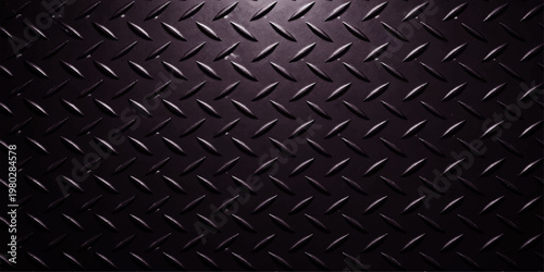 Seamless black leather texture background blends into a dark metallic steel plate with a rough diamond pattern for an industrial gray aluminum surface design