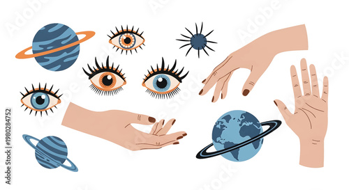 Hands Reaching for Eyes and Planets.