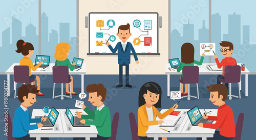 Diverse students learning in modern classroom with interactive whiteboard and laptops