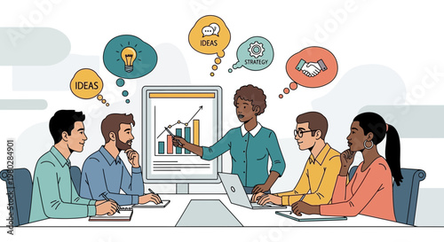 Diverse team brainstorming ideas and presenting business growth at a meeting