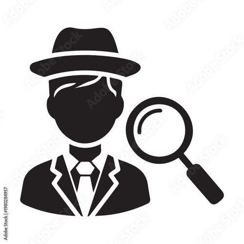A man in a suit and hat holding a magnifying glass