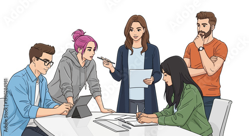 Diverse team brainstorming ideas around a table, illustration