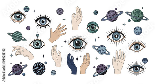 Eyes and hands with planets floating.