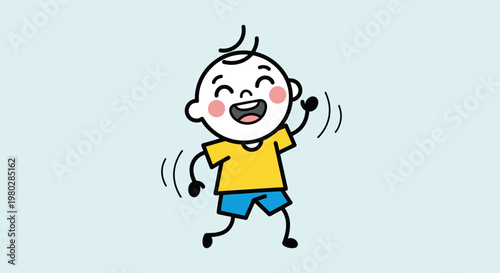 Happy cartoon child dancing and smiling, isolated on light blue background