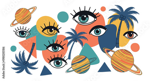 Eyes with long eyelashes and planets.